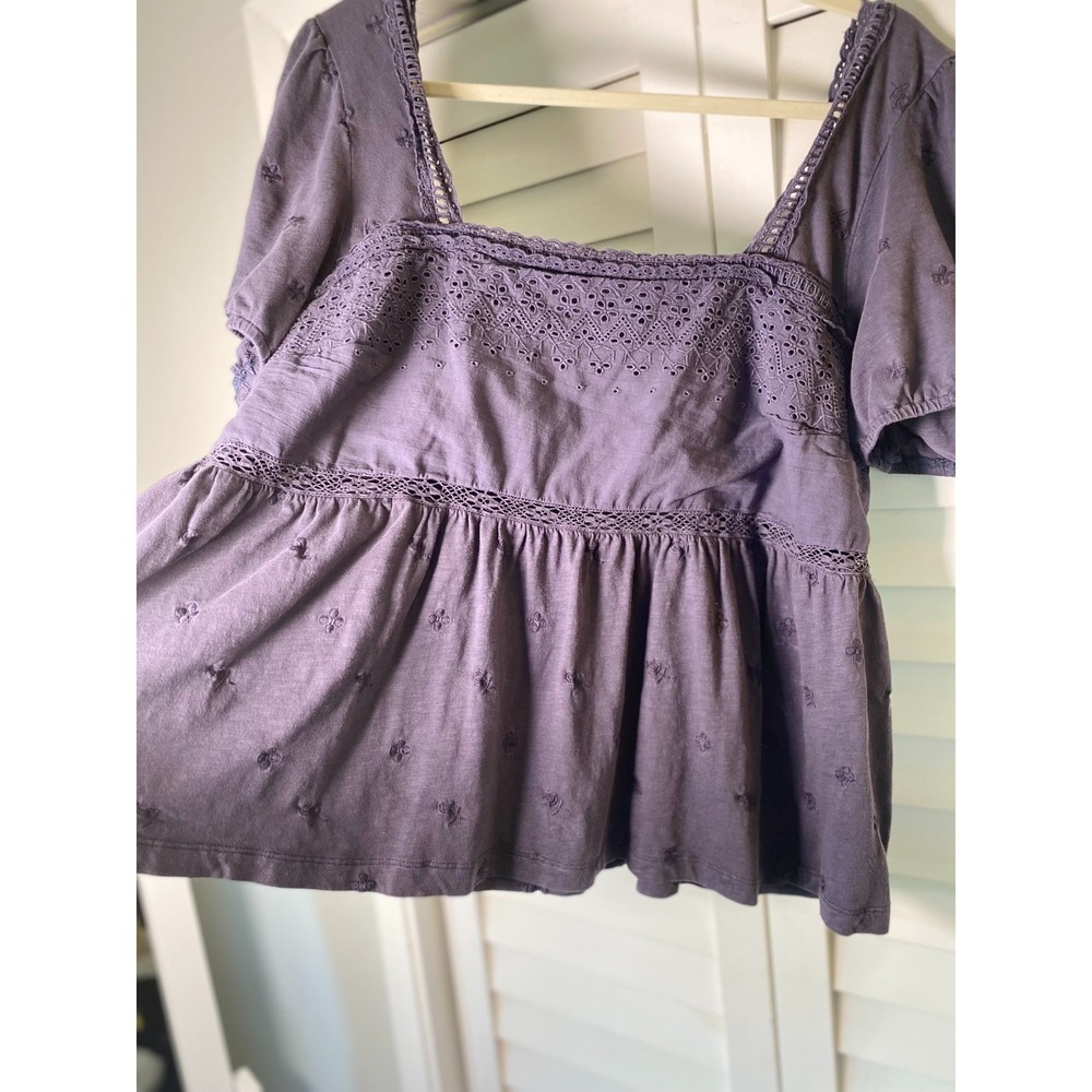 Lucky Brand Women's Navy Eyelet Puff  Shoulder Short Sleeve Boho Babydoll Top XL